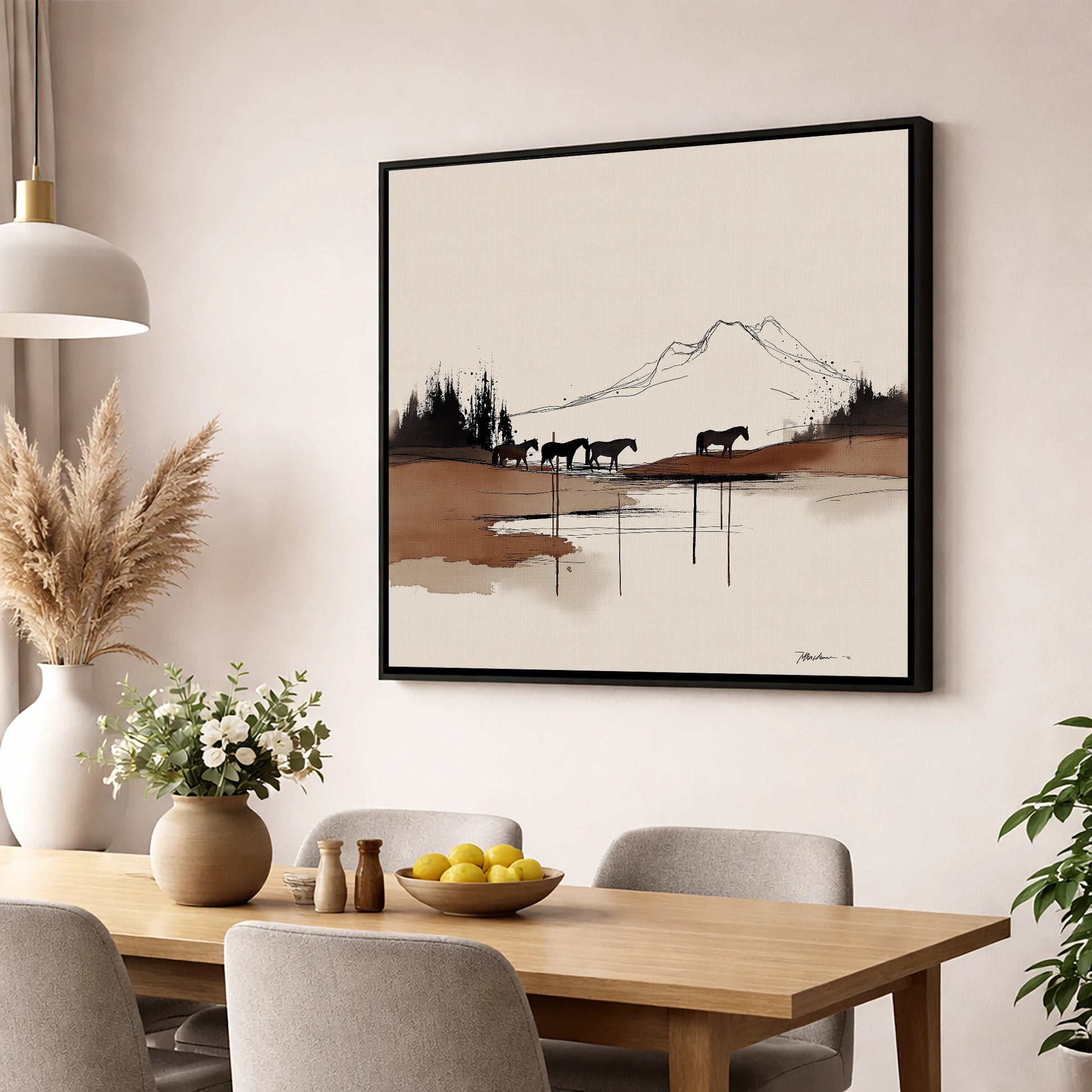 Mountain Pasture Silhouettes horse landscape wall art displayed in a dining room