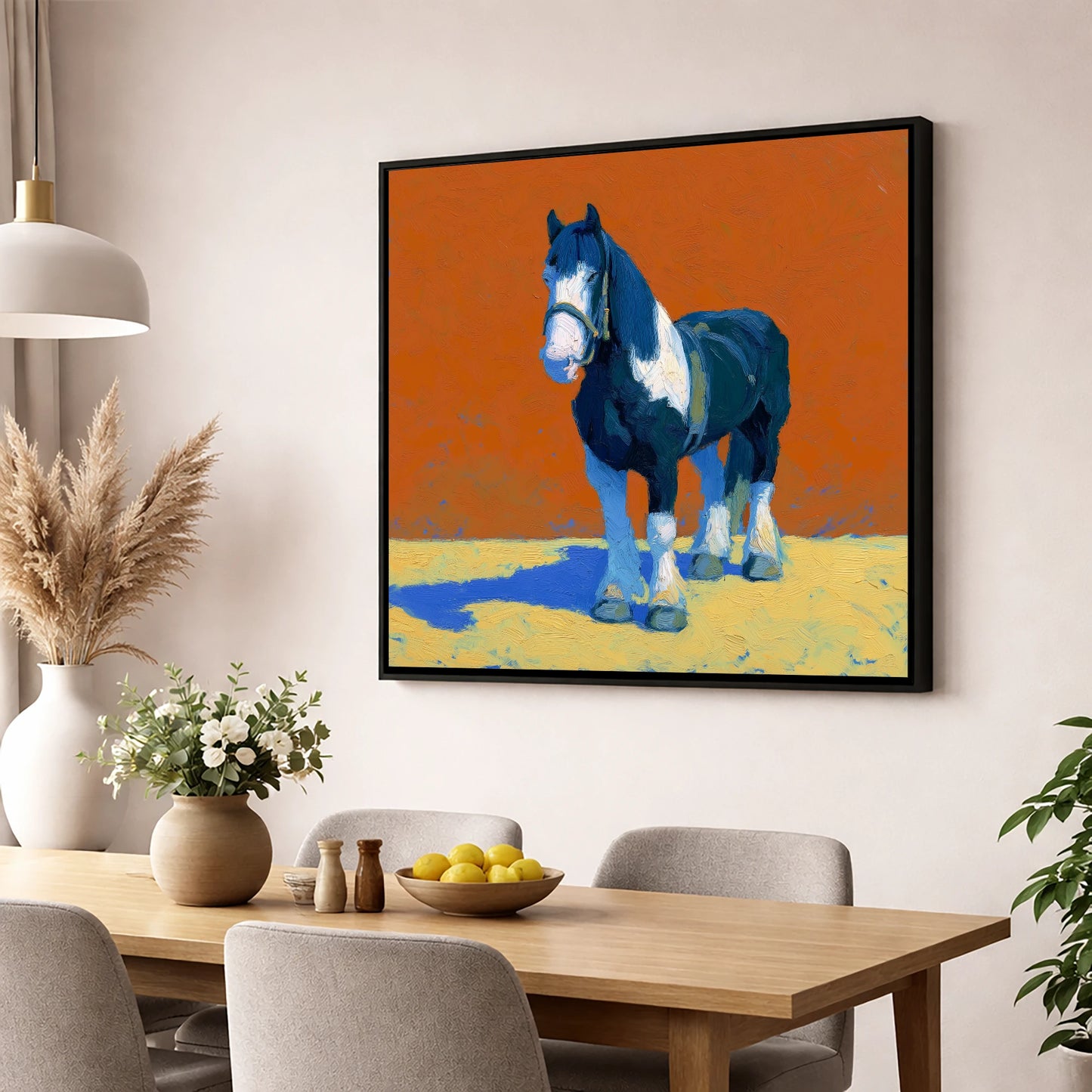 Vibrant Heavy Cob horse breed wall art displayed in a dining room