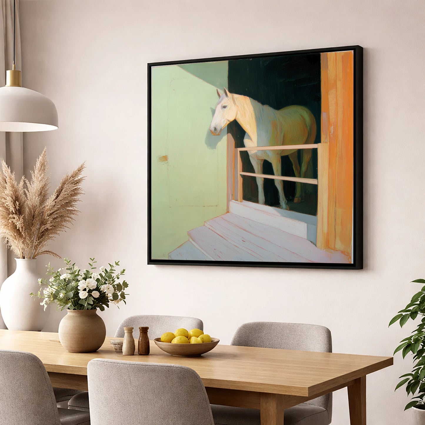 Sunlight and Shadows horse stable wall art displayed in a dining room