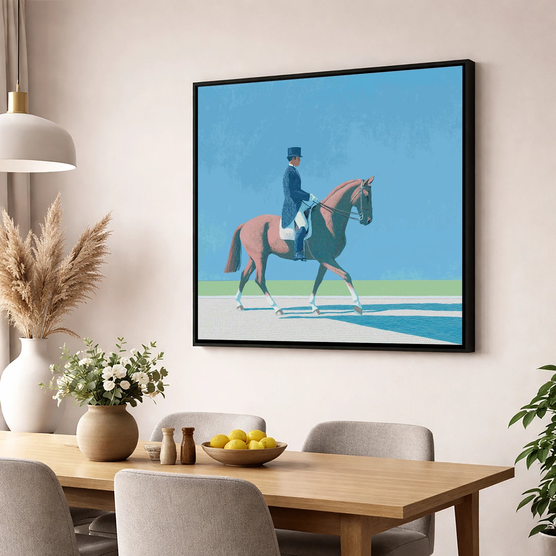 Collected Harmony dressage horse wall art displayed in a dining room