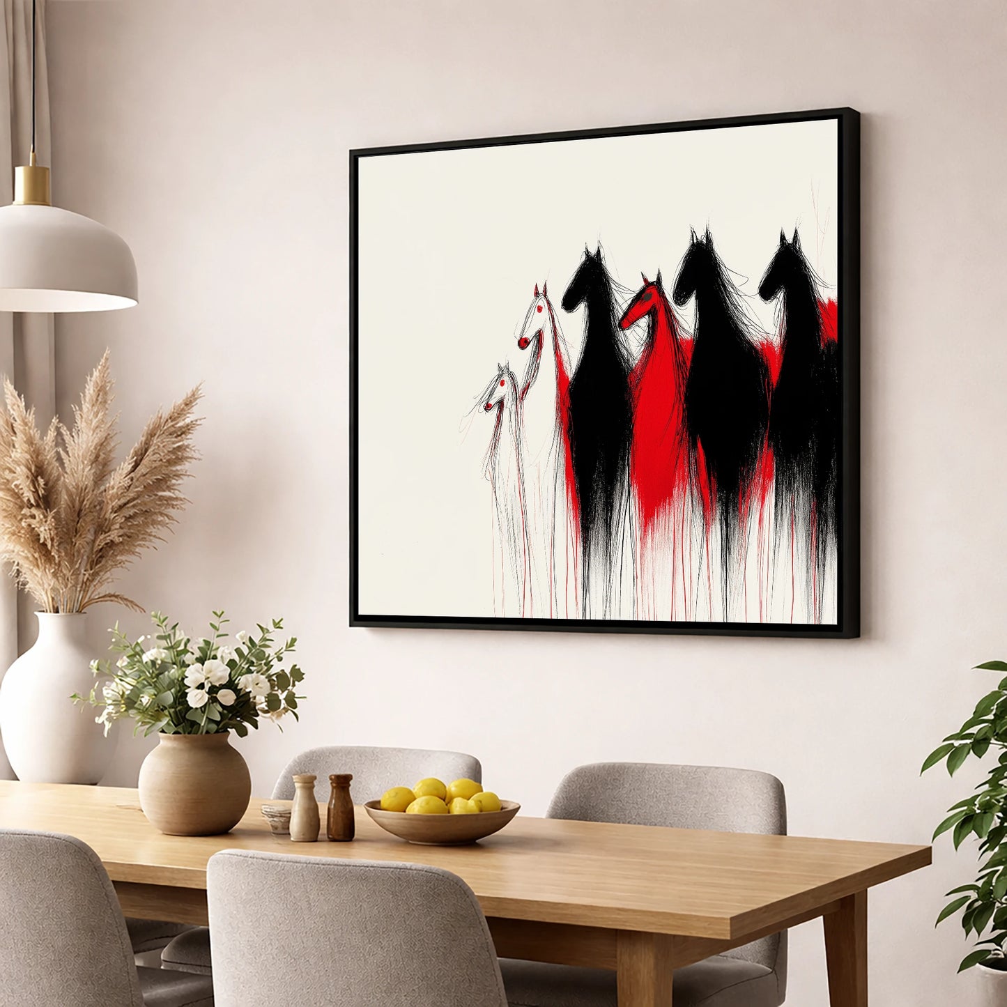 Crimson Herd Silhouettes wild horses wall art displayed in a dining room