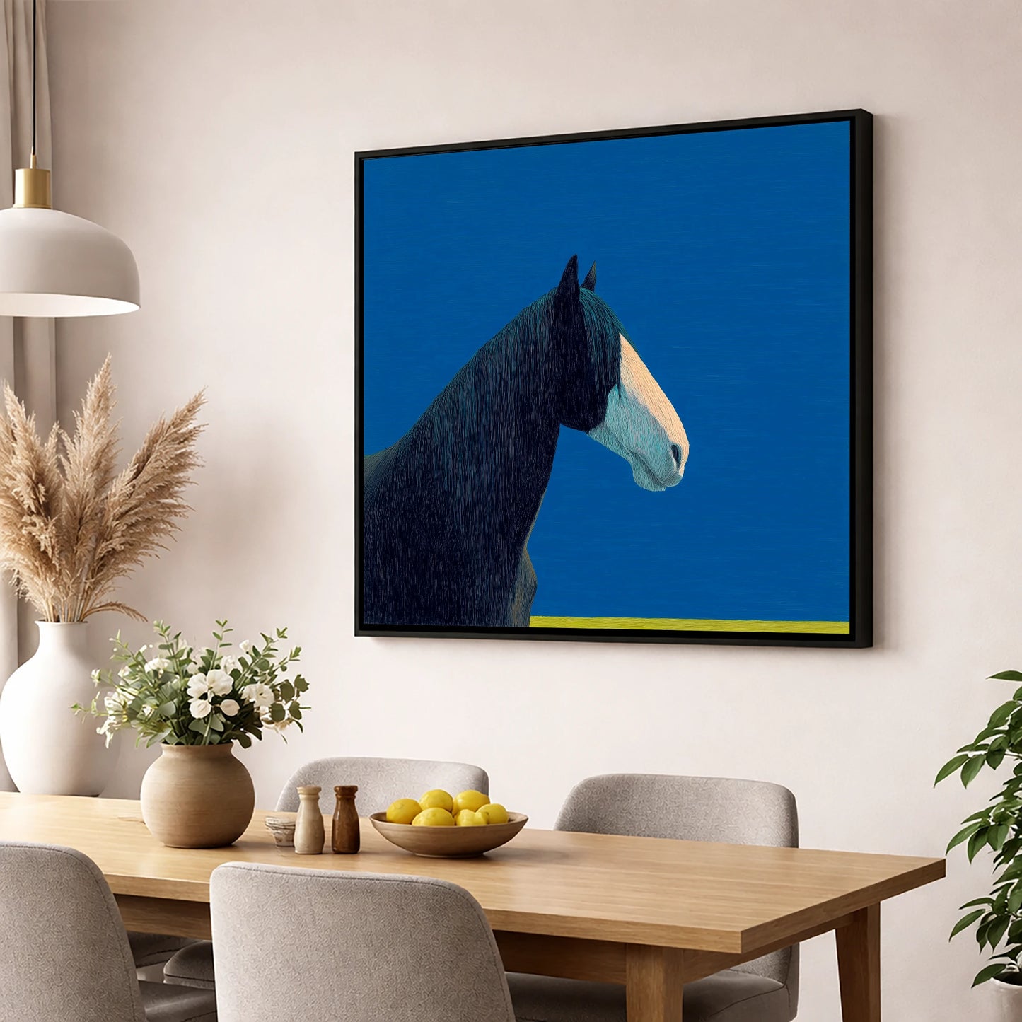 Azure Gentle Giant horse breed wall art displayed in a dining room