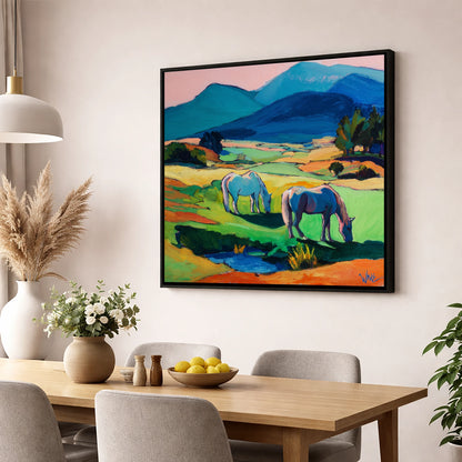 Painted Valley Grazing horse landscape wall art displayed in a dining room