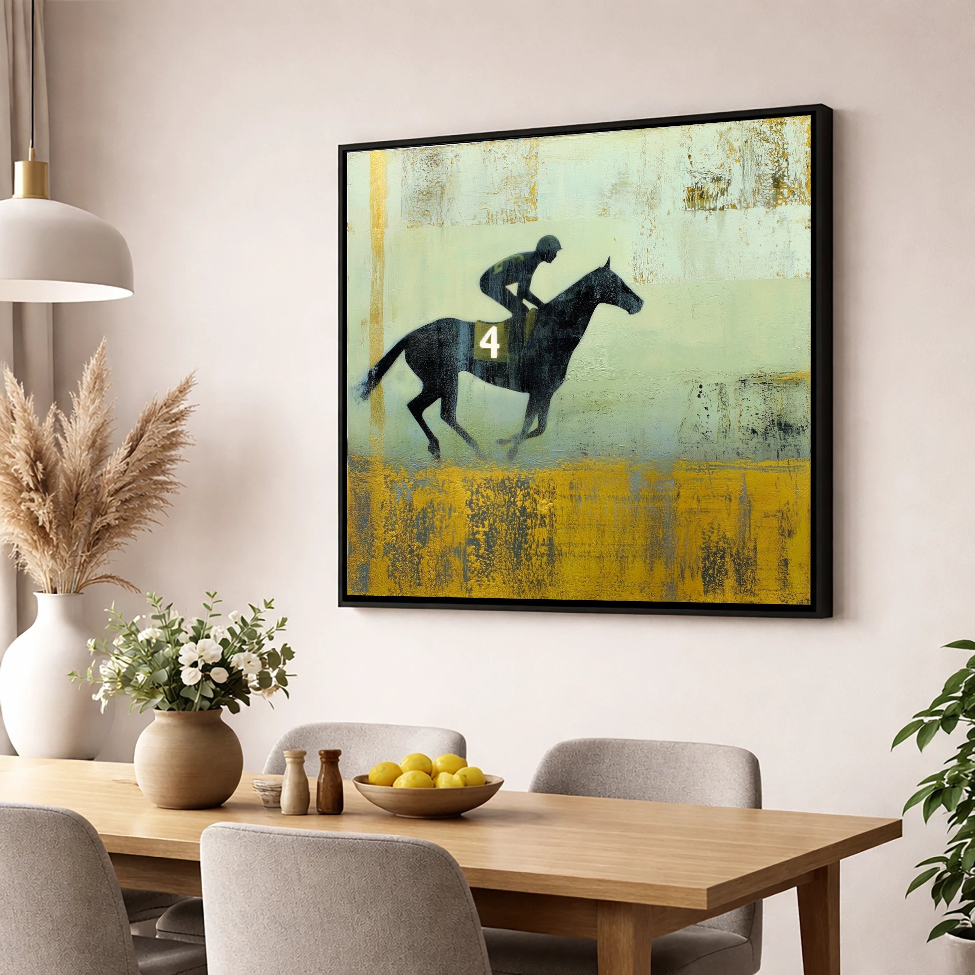 Gilded Number Four racing horse wall art displayed in a dining room