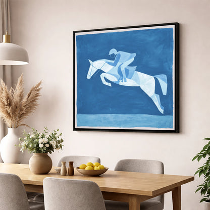 Sapphire Leap show jumping horse wall art displayed in a dining room