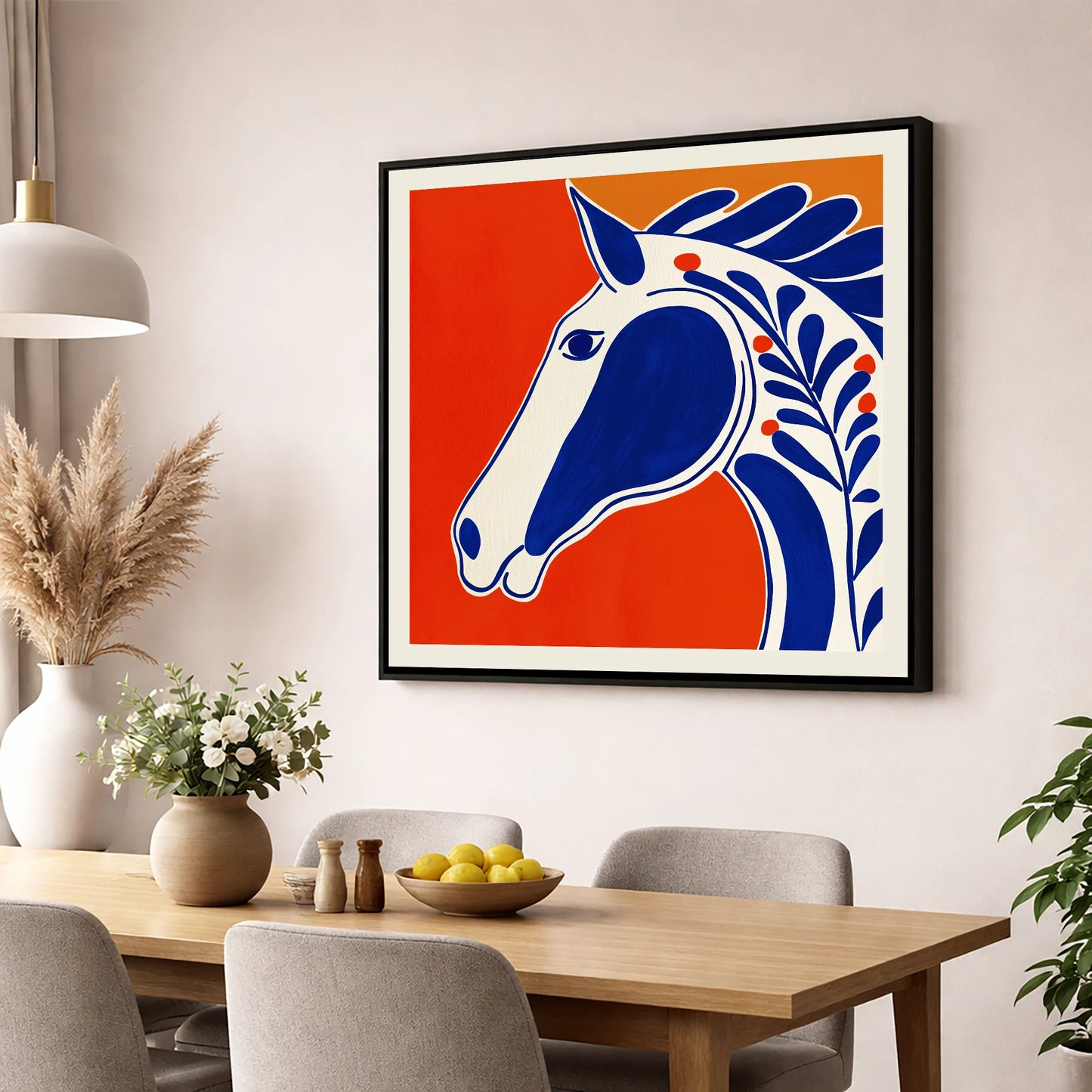 Bold Cobalt Equine Motif horse portrait wall art displayed in a dining room