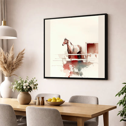 Watching from the Rails horse stable wall art displayed in a dining room