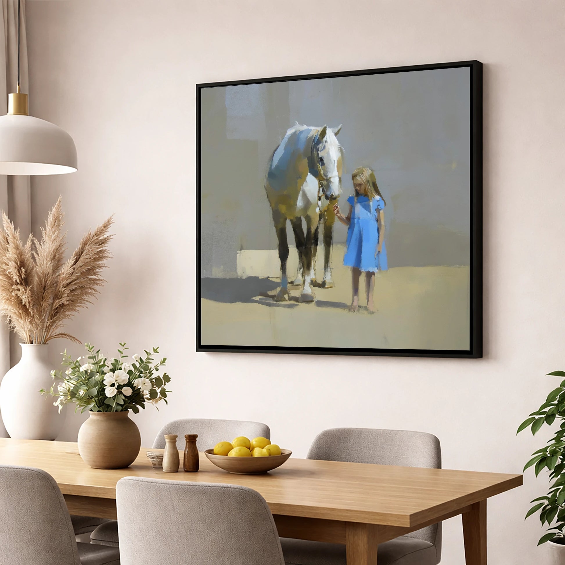 A Quiet Understanding horse & rider wall art displayed in a dining room