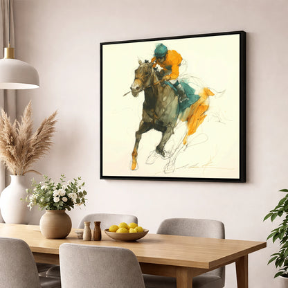 Surge of Colour racing horse wall art displayed in a dining room