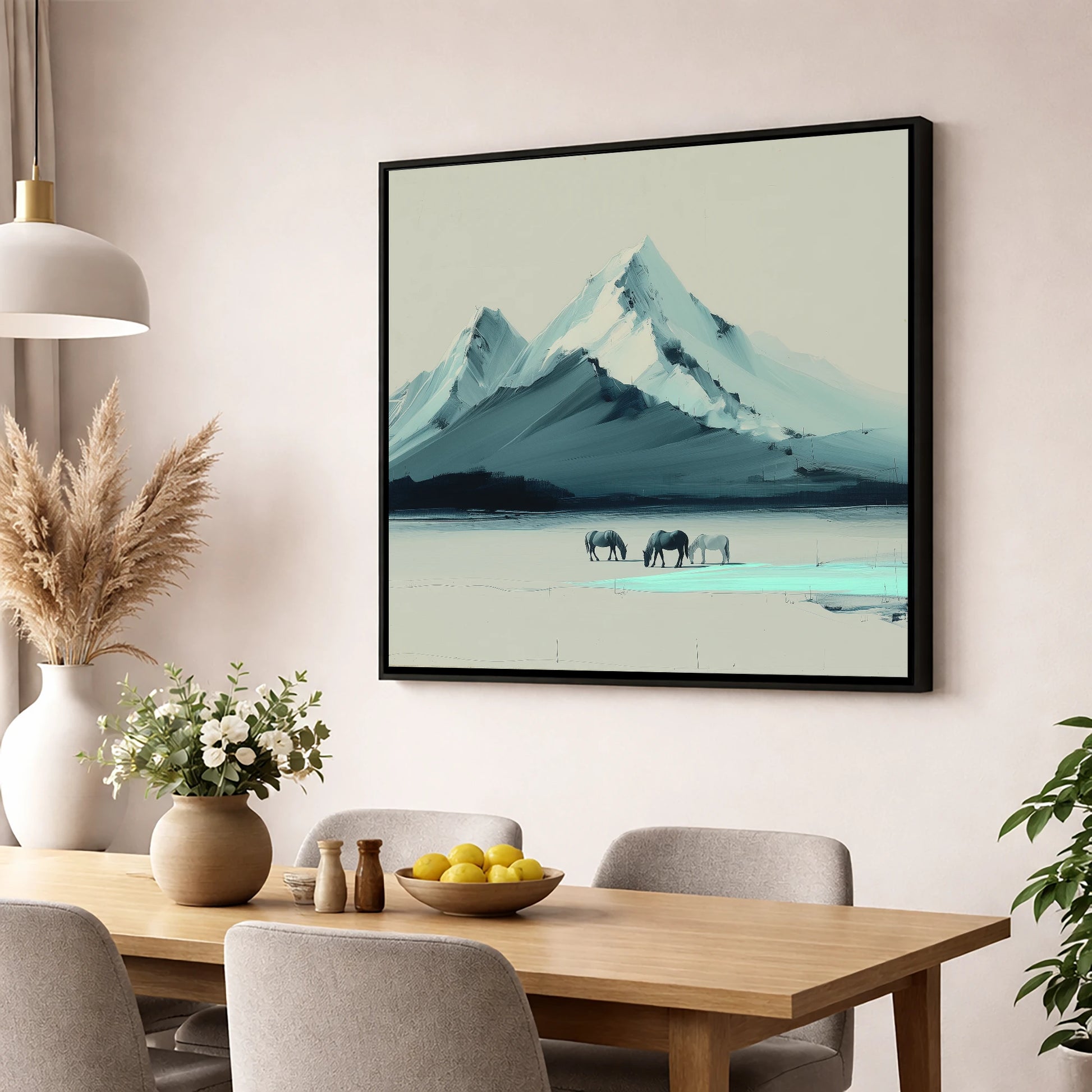 Alpine Valley Grazing horse landscape wall art displayed in a dining room