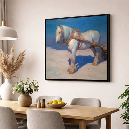 The Patient Grey working horse wall art displayed in a dining room