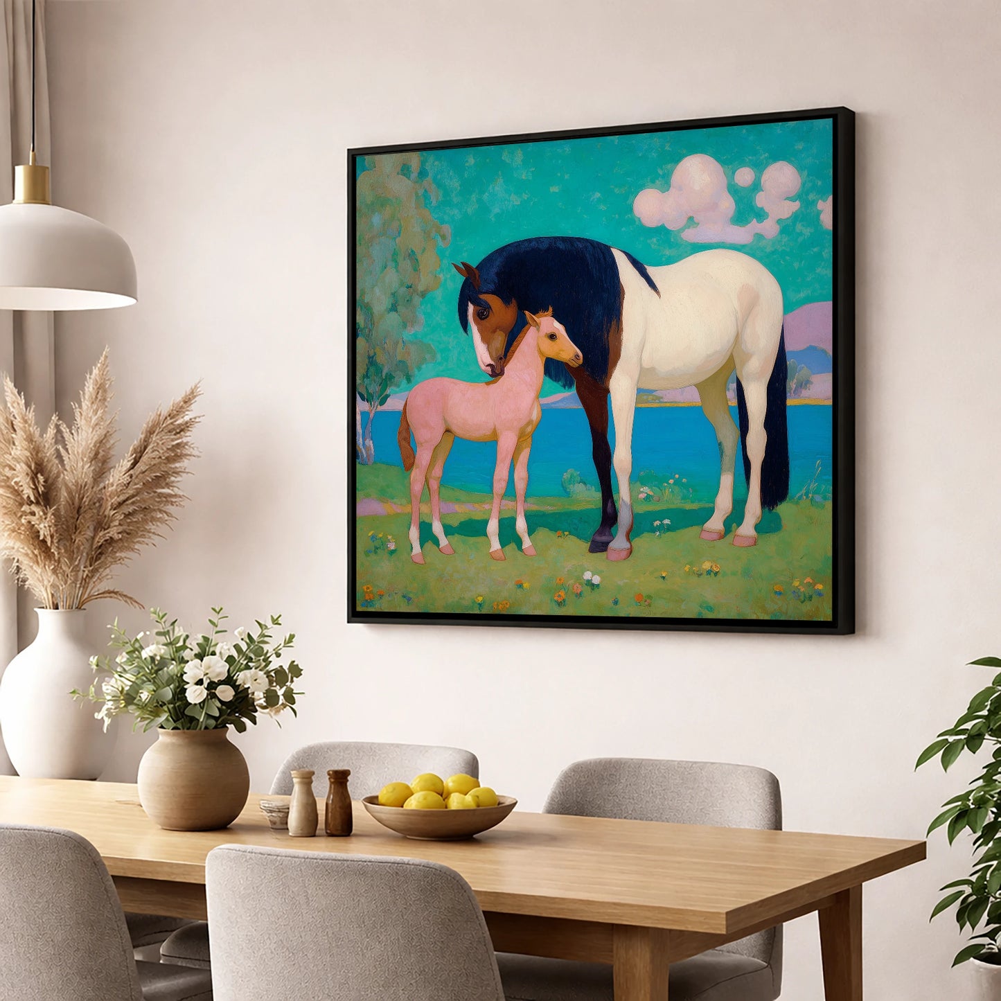 Dreamscape Mare and Foal mare & foal wall art displayed in a dining room
