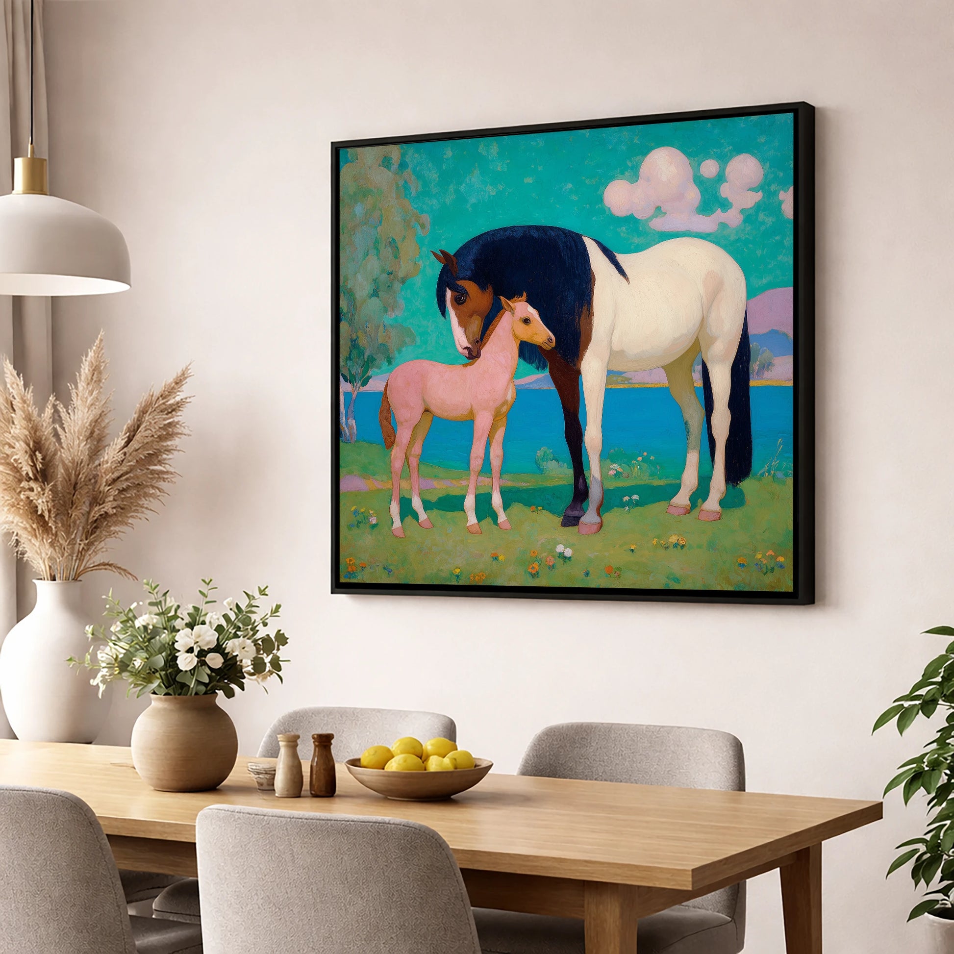 Dreamscape Mare and Foal mare & foal wall art displayed in a dining room