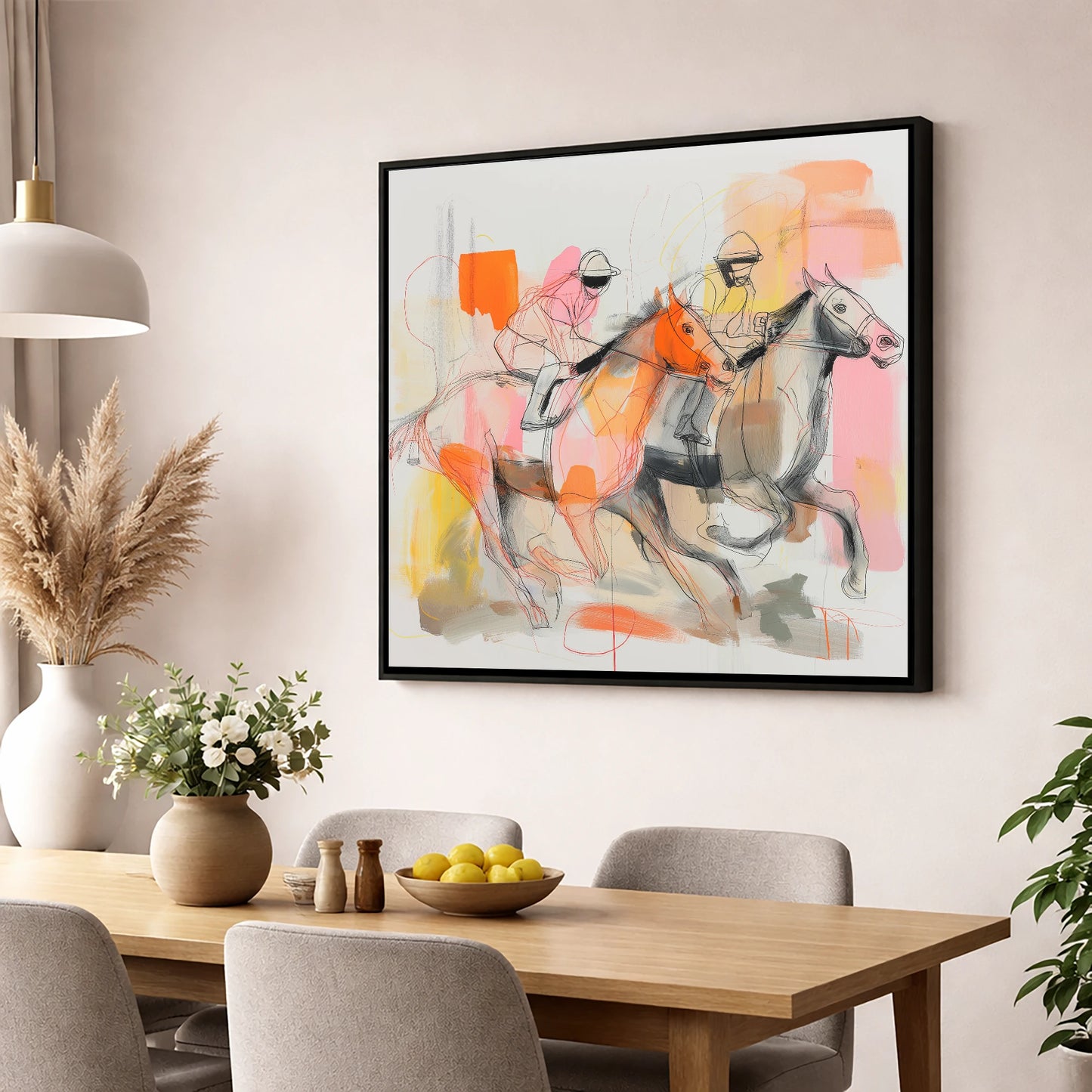 Vibrant Final Furlong racing horse wall art displayed in a dining room