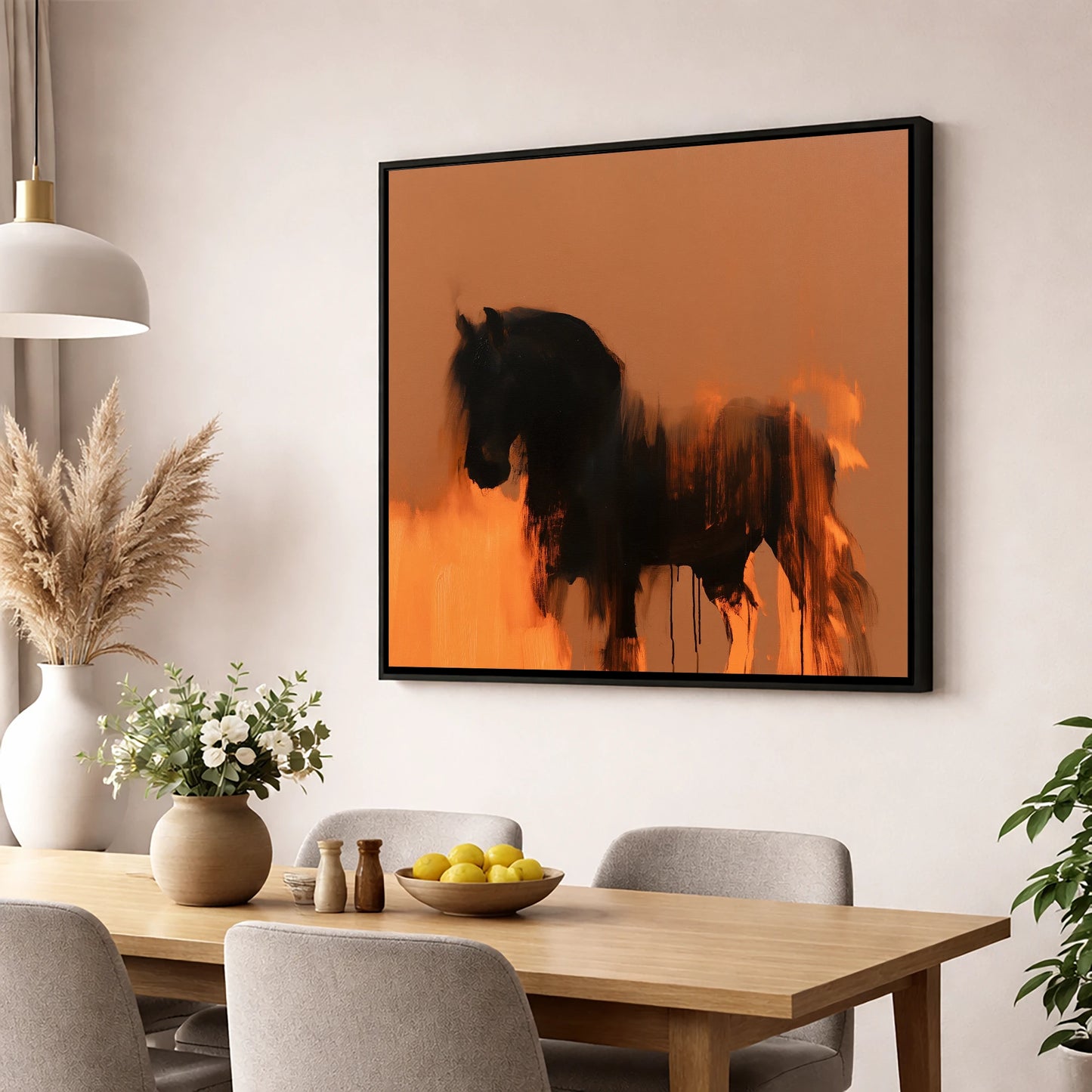 Black Friesian In Burnt Orange horse breed wall art displayed in a dining room