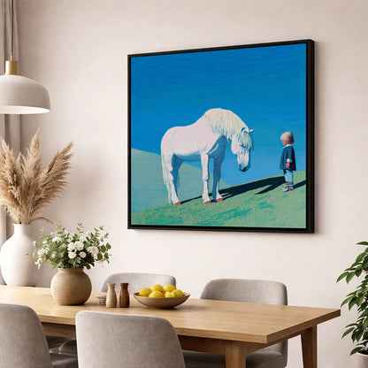 The Gentle Meeting horse & rider wall art displayed in a dining room