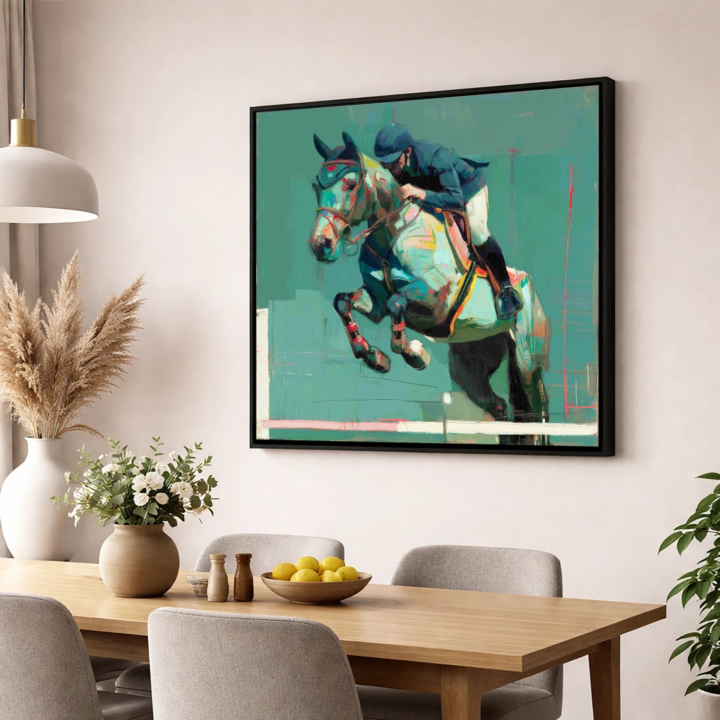 The Perfect Clearance show jumping horse wall art displayed in a dining room