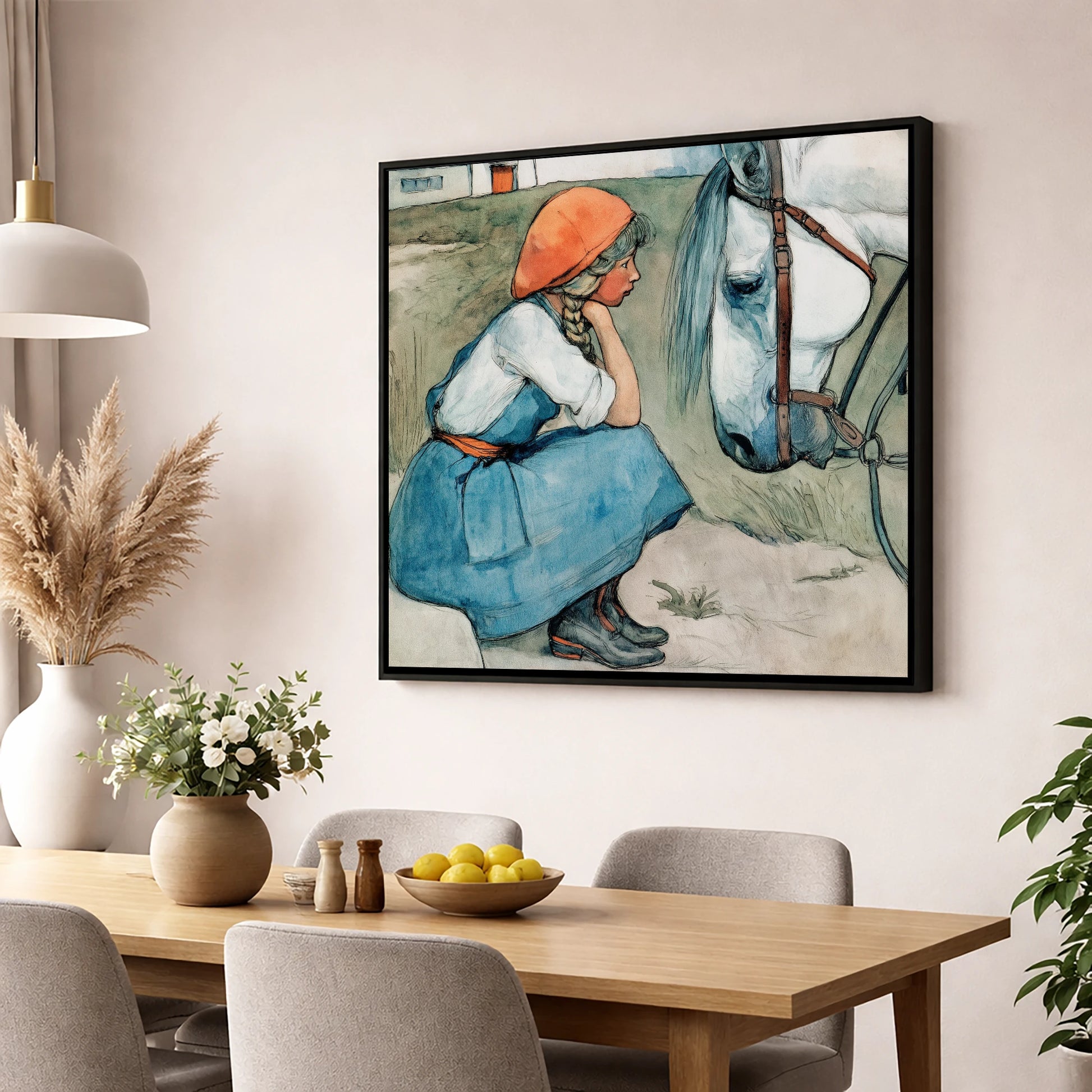 Quiet Moments Together horse & rider wall art displayed in a dining room