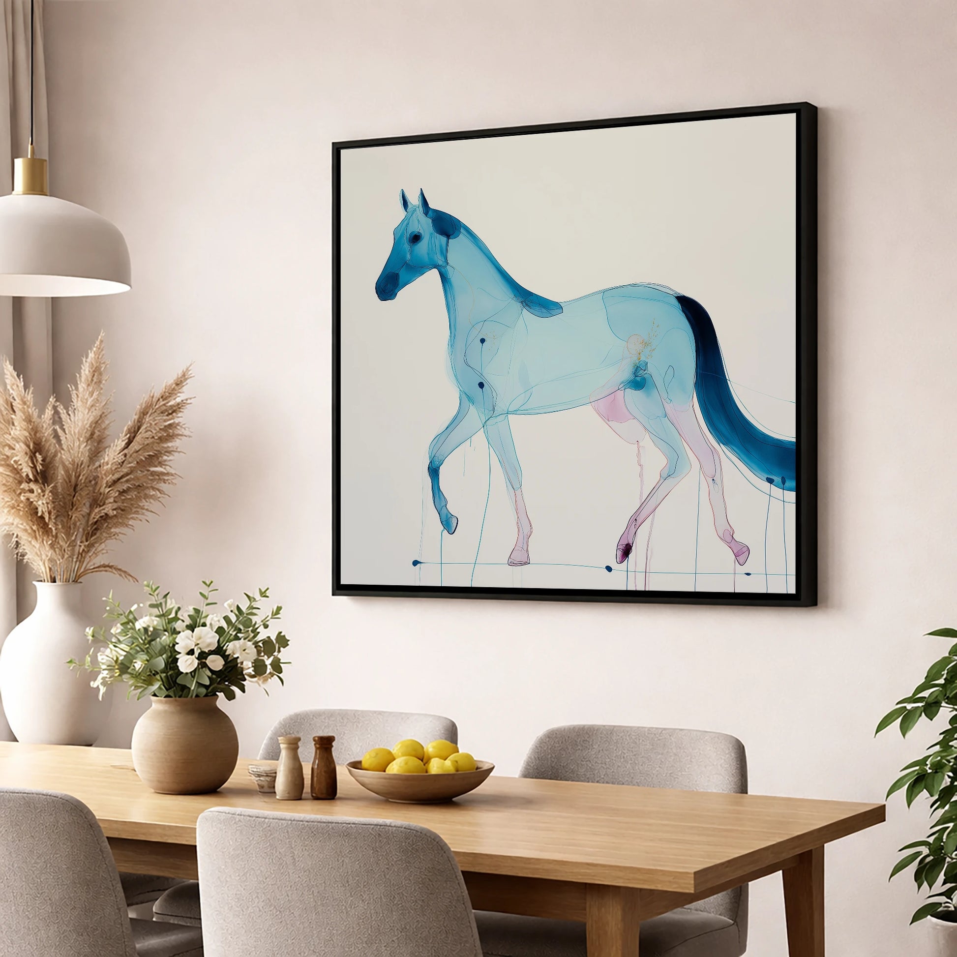 Cerulean Grace horse breed wall art displayed in a dining room