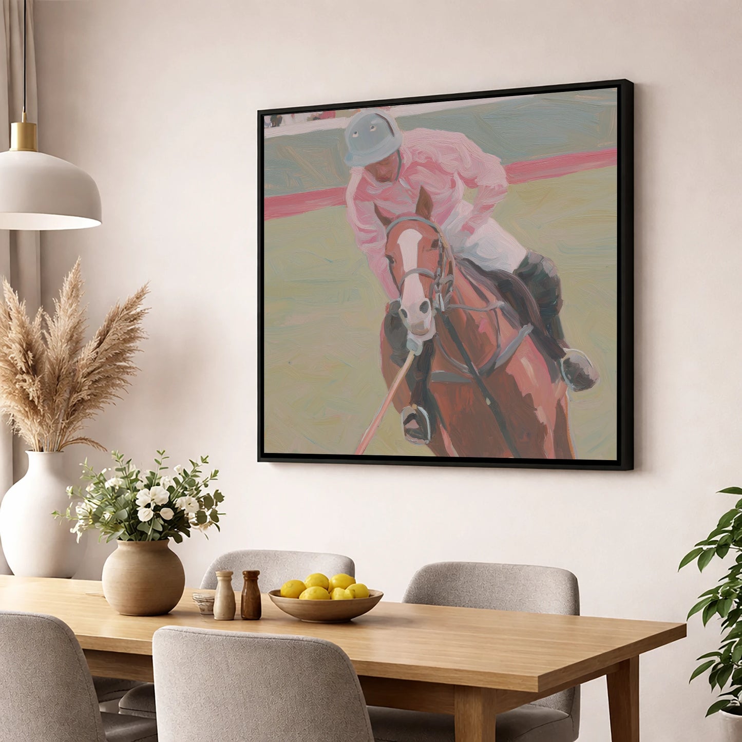 Dusty Pink Pursuit polo horse wall art displayed in a dining room