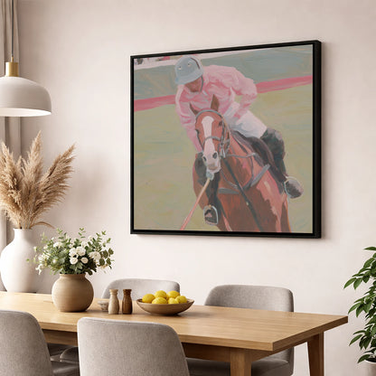 Dusty Pink Pursuit polo horse wall art displayed in a dining room