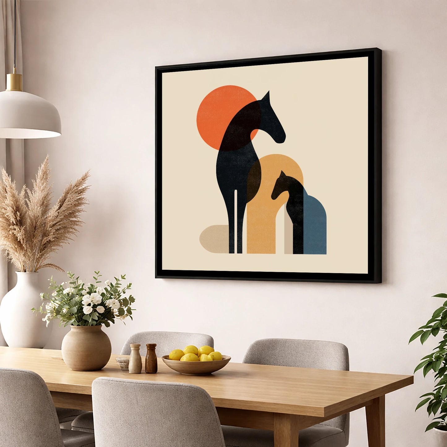 Geometric Equine Harmony horse & rider wall art displayed in a dining room