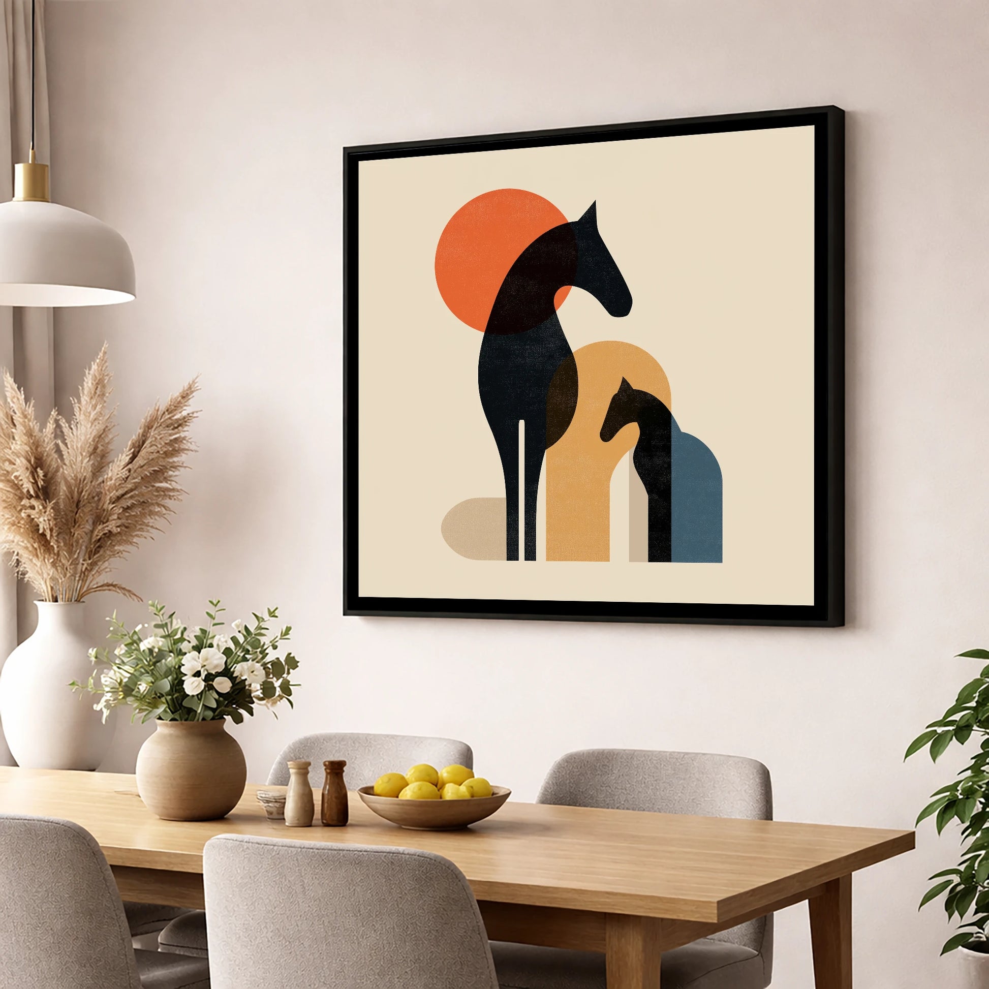 Geometric Equine Harmony horse & rider wall art displayed in a dining room