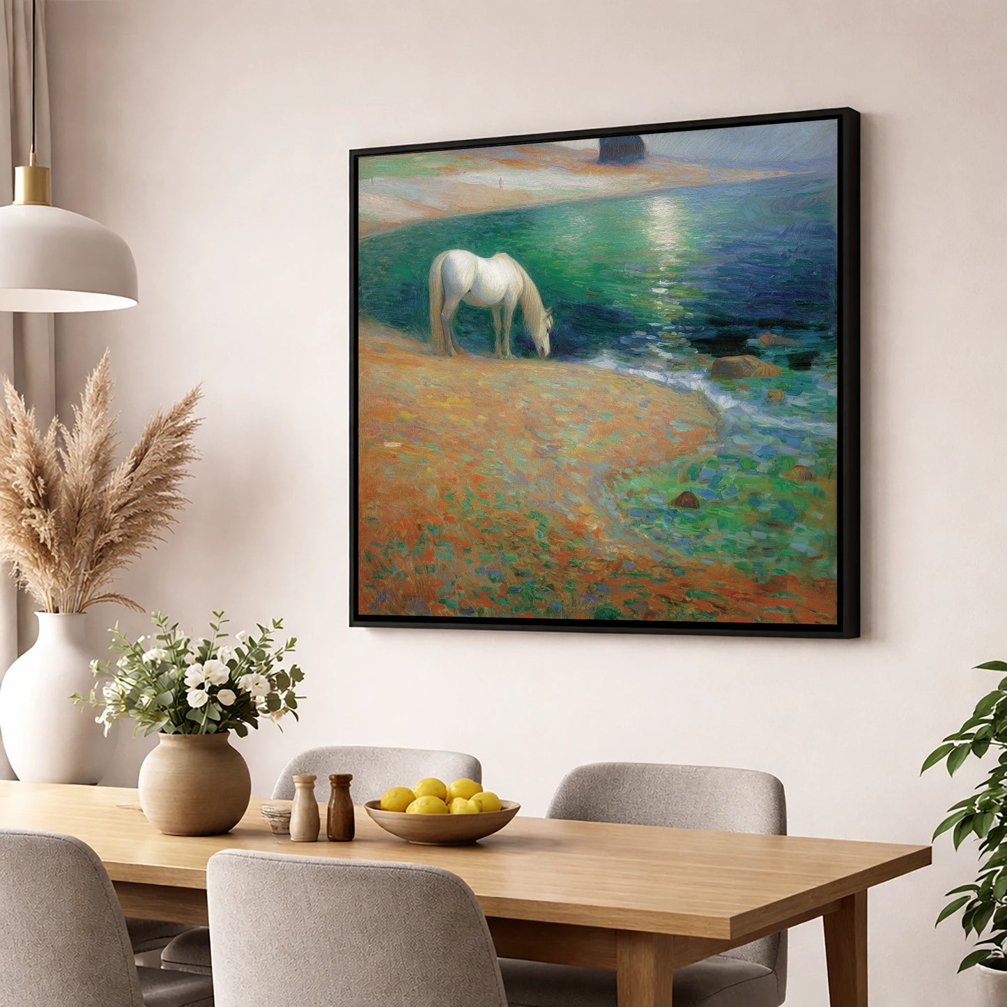 Luminous Coastal Shoreline horse landscape wall art displayed in a dining room