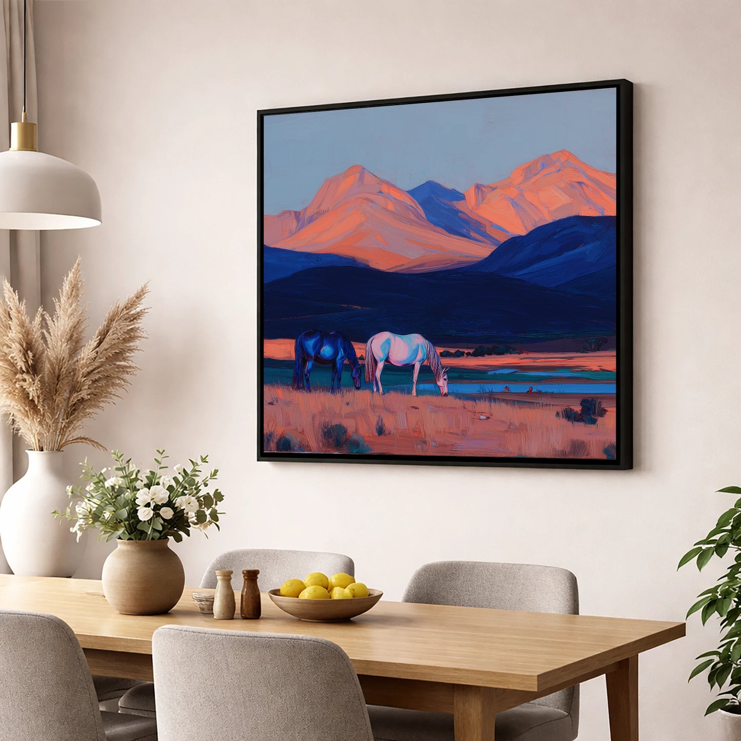 Dusk Mountain Pasture horse landscape wall art displayed in a dining room