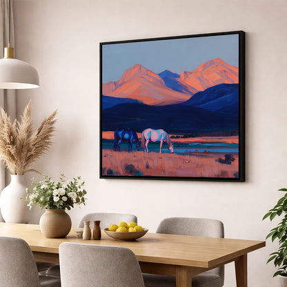 Dusk Mountain Pasture horse landscape wall art displayed in a dining room