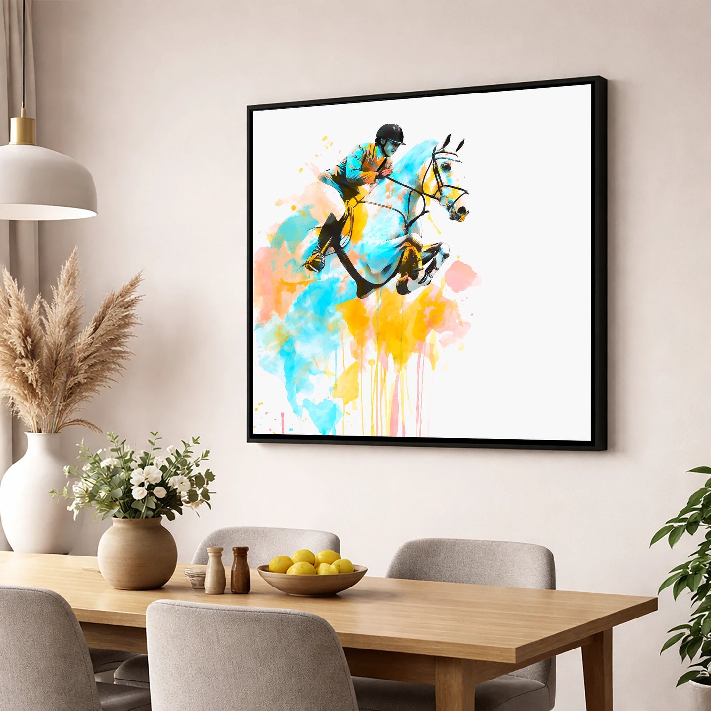 Suspended in Colour show jumping horse wall art displayed in a dining room