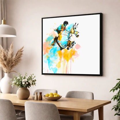 Suspended in Colour show jumping horse wall art displayed in a dining room