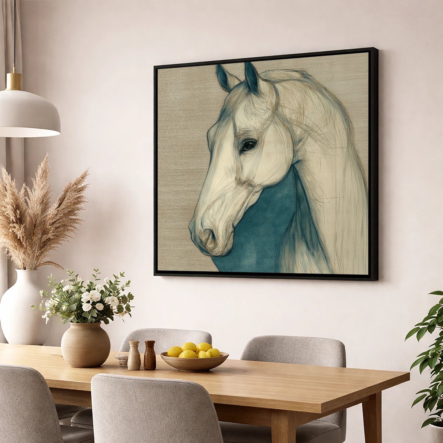 Serene Profile Sketch horse portrait wall art displayed in a dining room