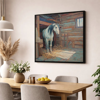 Peaceful Stable Morning horse stable wall art displayed in a dining room