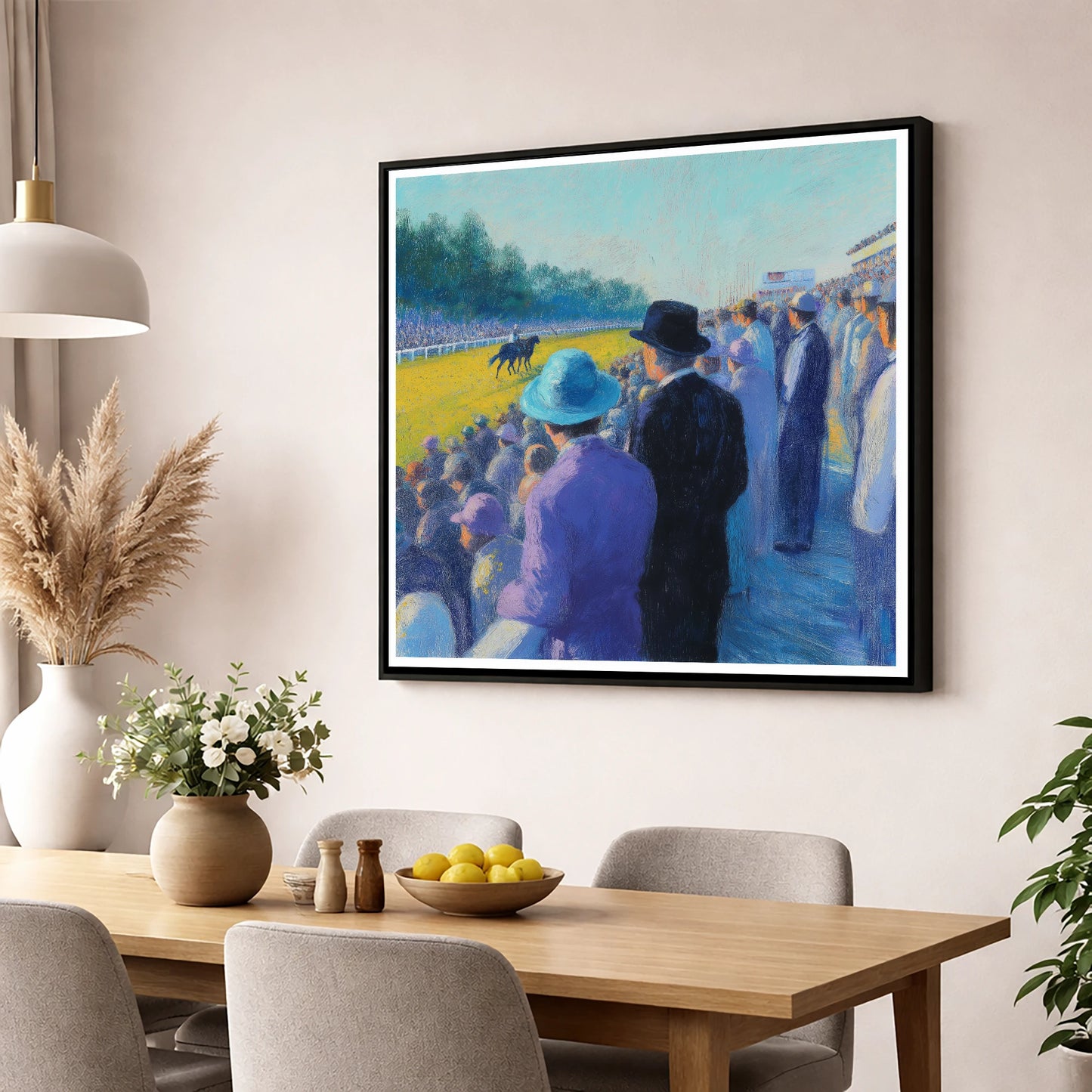 Shadows on the Turf racing horse wall art displayed in a dining room