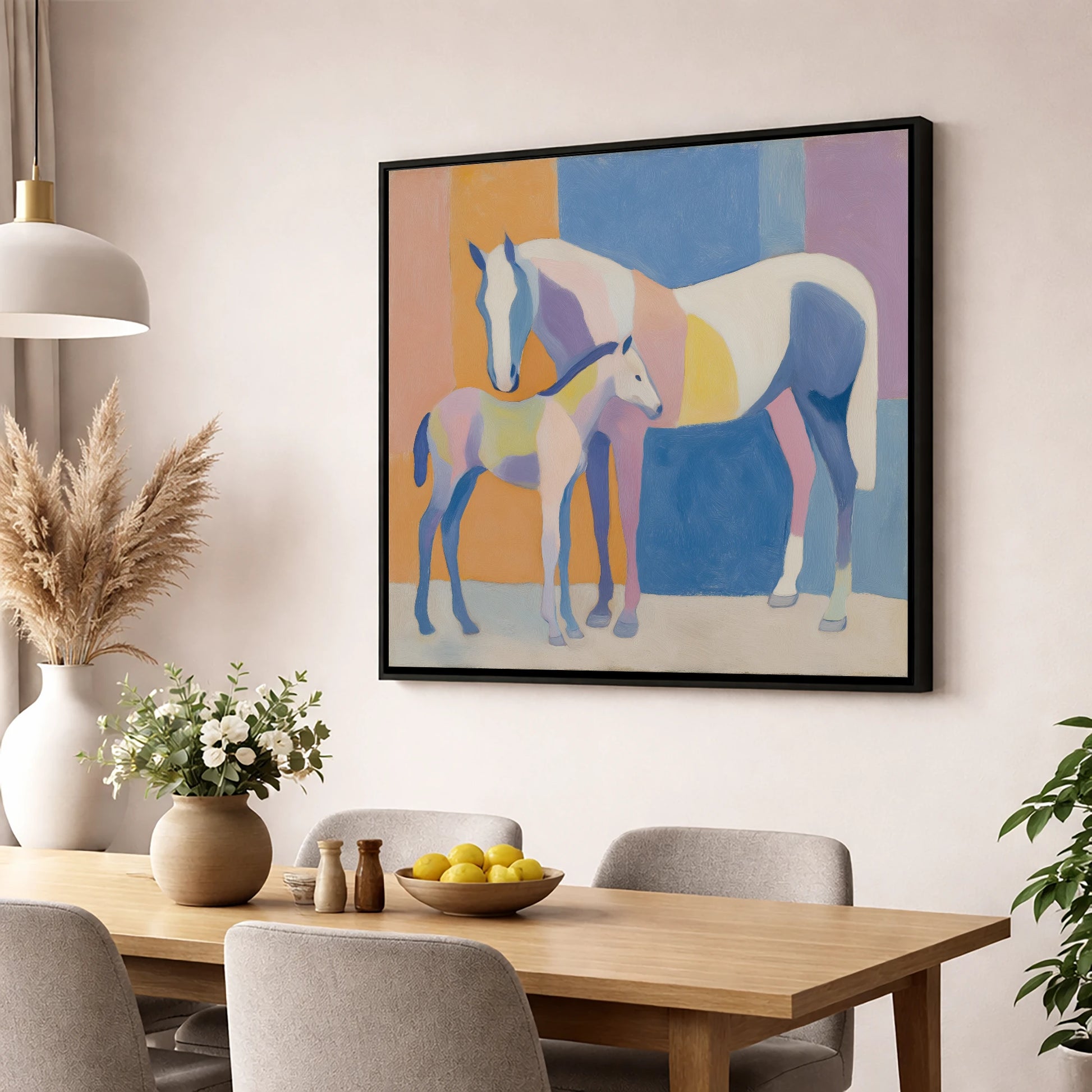 Geometric Equine Harmony mare & foal wall art displayed in a dining room