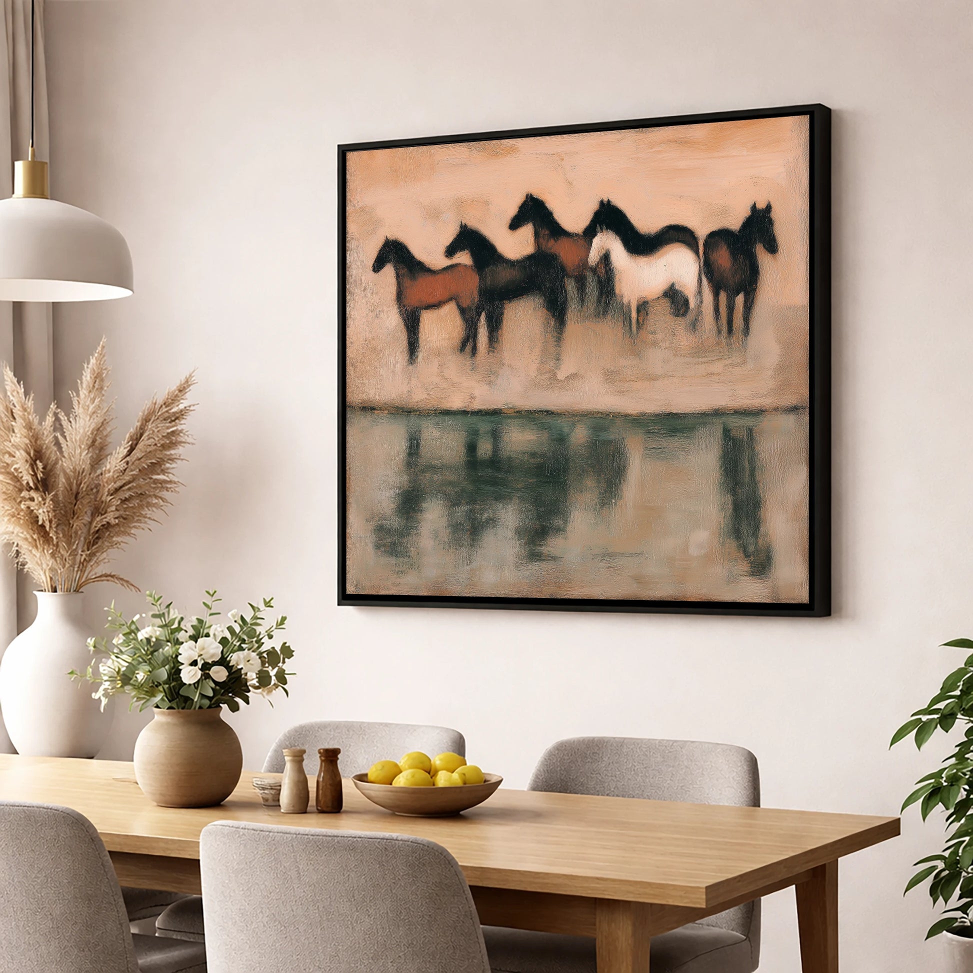 The Quiet Shallows wild horses wall art displayed in a dining room