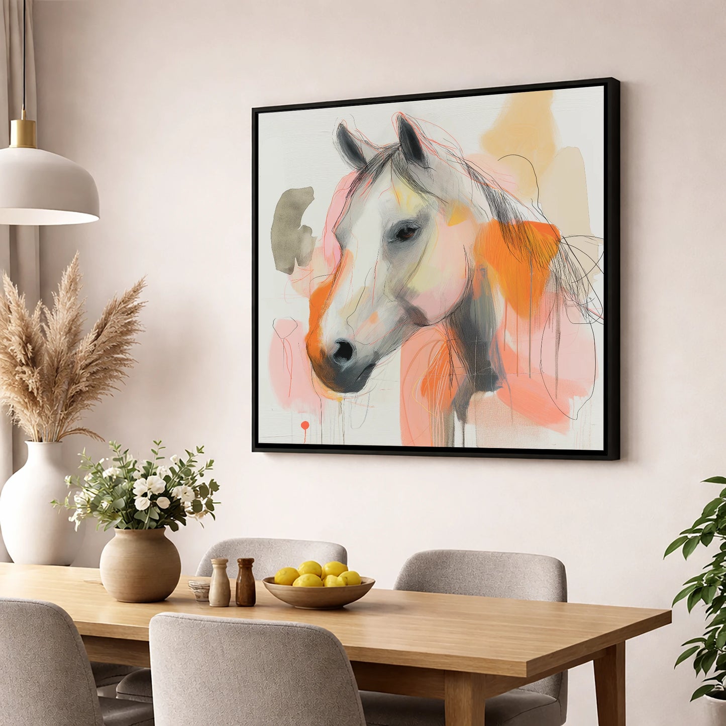 Vibrant Sunset Grey horse portrait wall art displayed in a dining room