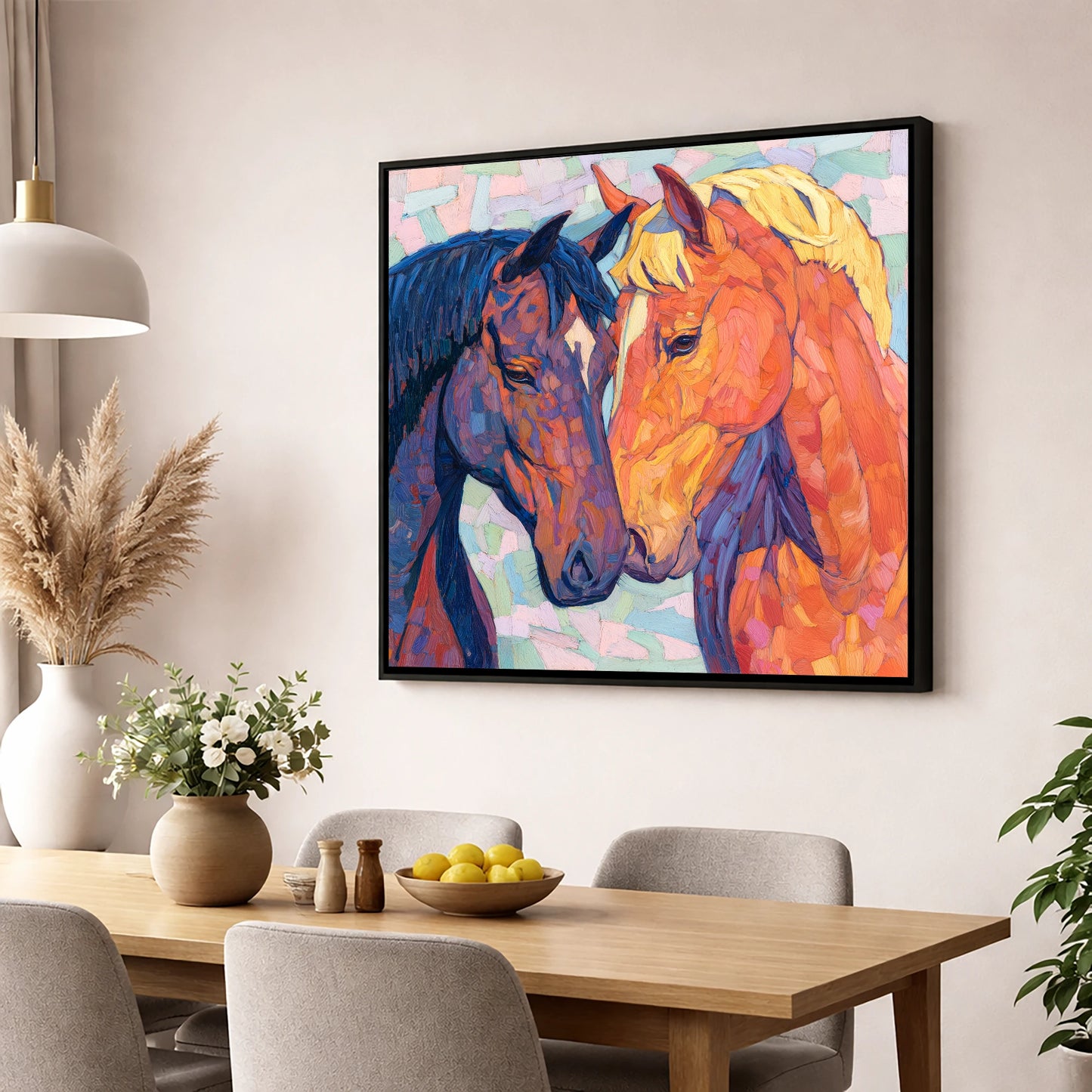Kindred Spirits horse portrait wall art displayed in a dining room
