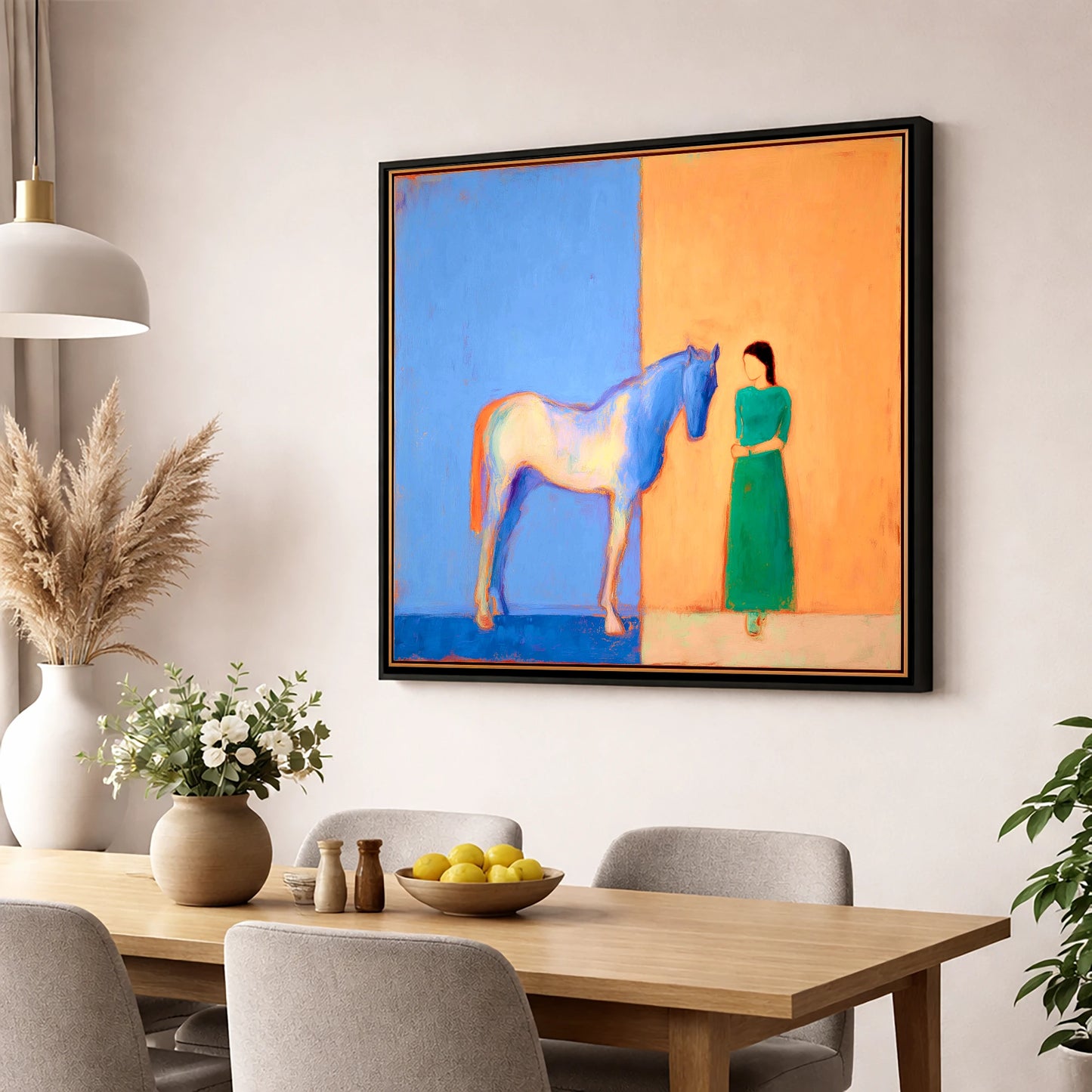 The Silent Dialogue horse & rider wall art displayed in a dining room