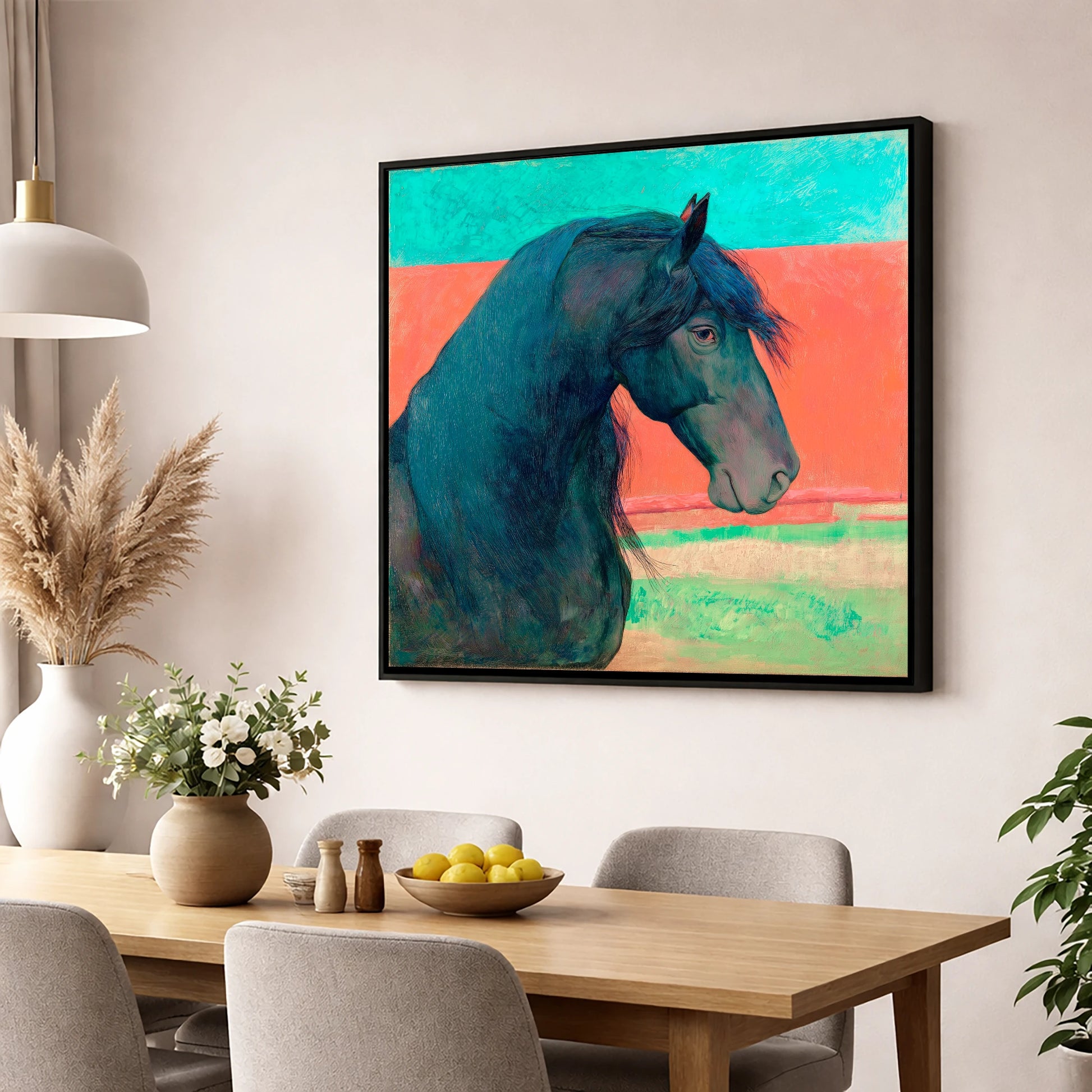Crimson Horizon Friesian horse breed wall art displayed in a dining room