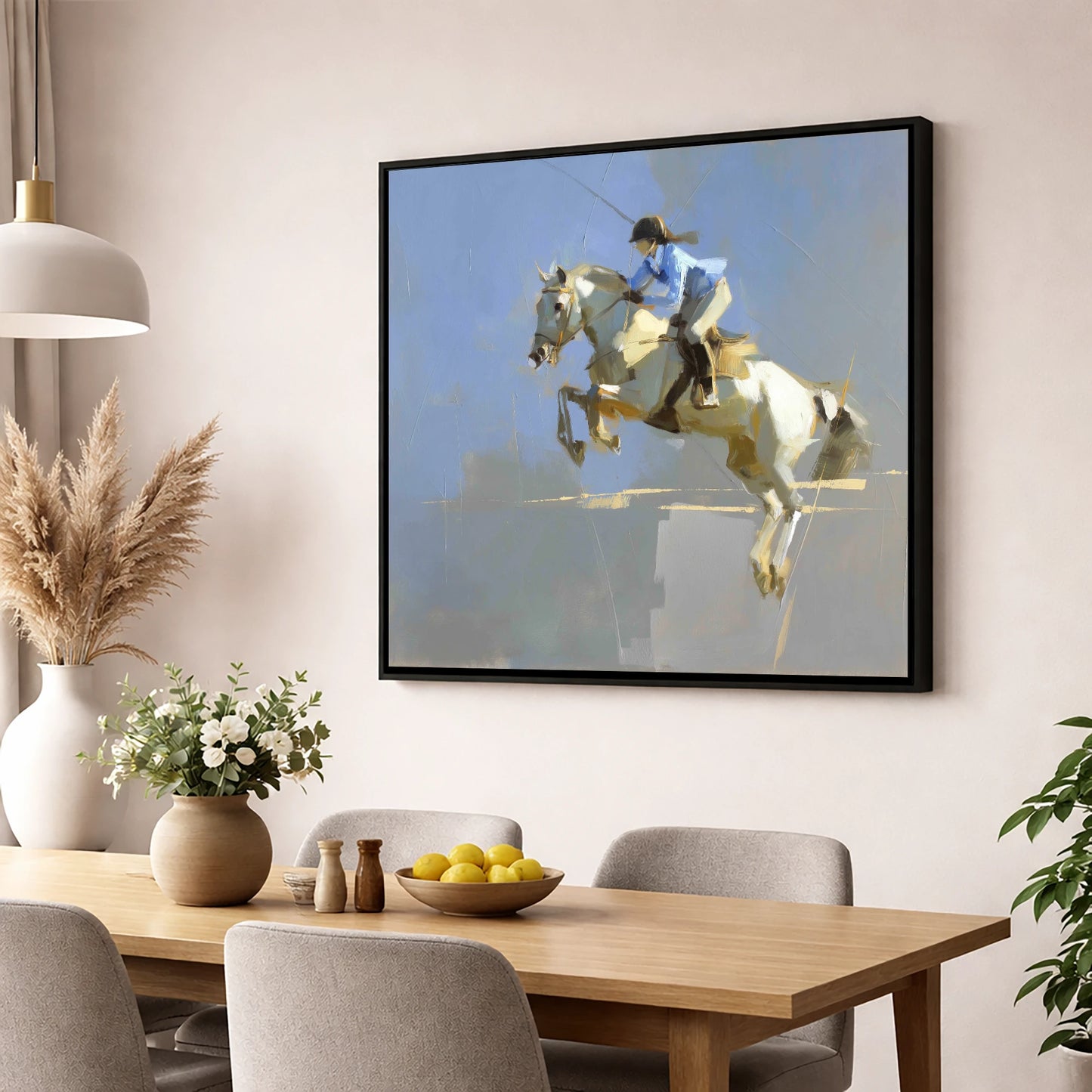 Soaring in Slate show jumping horse wall art displayed in a dining room