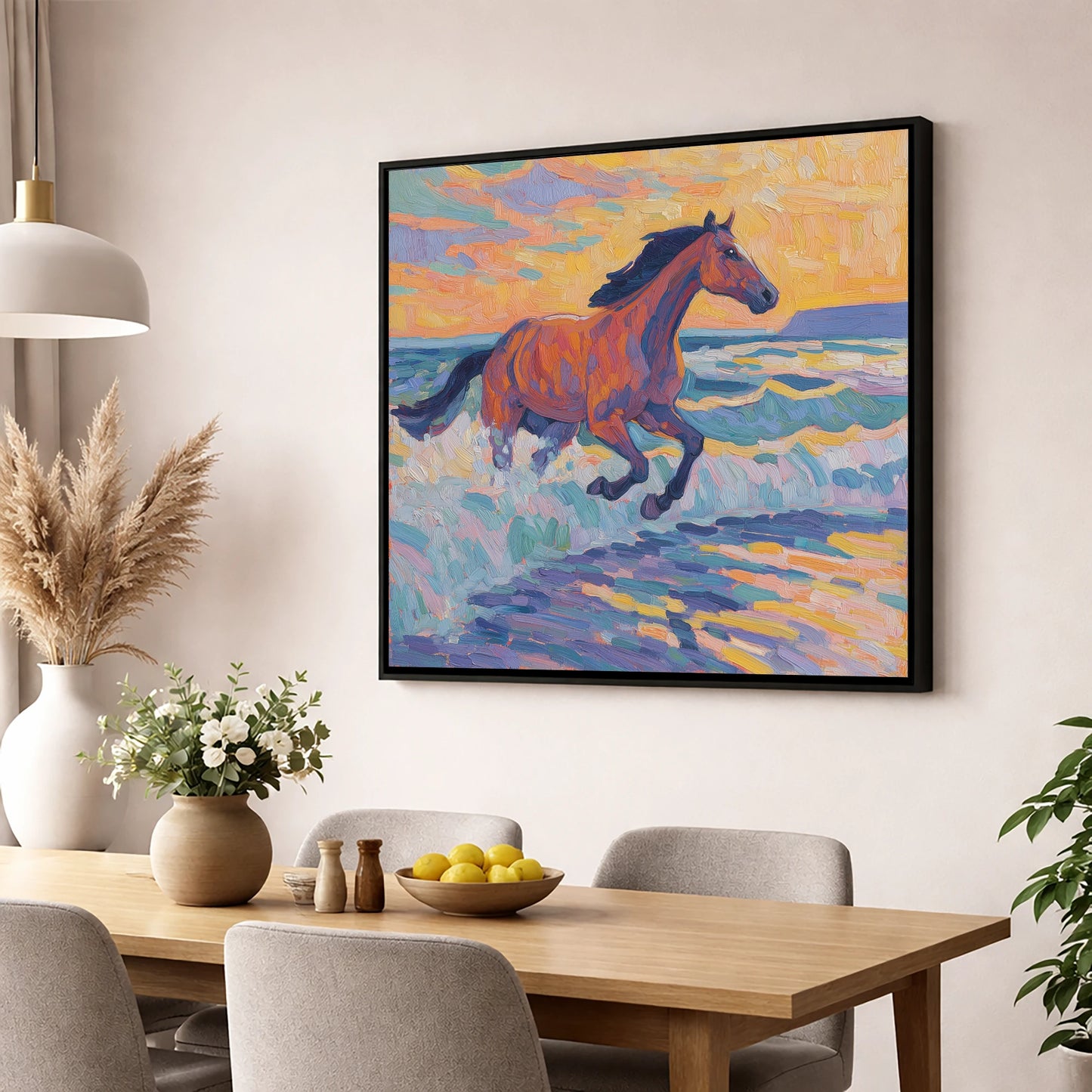 Painted Tide Canter beach horse wall art displayed in a dining room