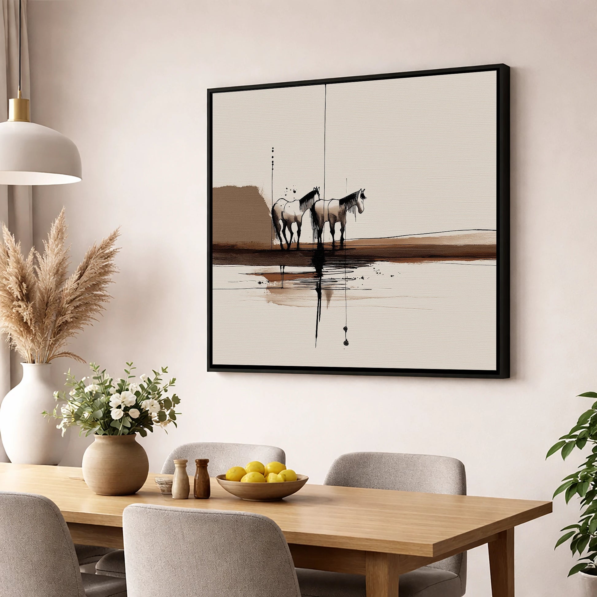 Silent Companions horse landscape wall art displayed in a dining room