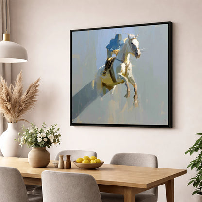 Suspended in Blue show jumping horse wall art displayed in a dining room