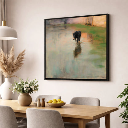 Quiet Reflection horse landscape wall art displayed in a dining room