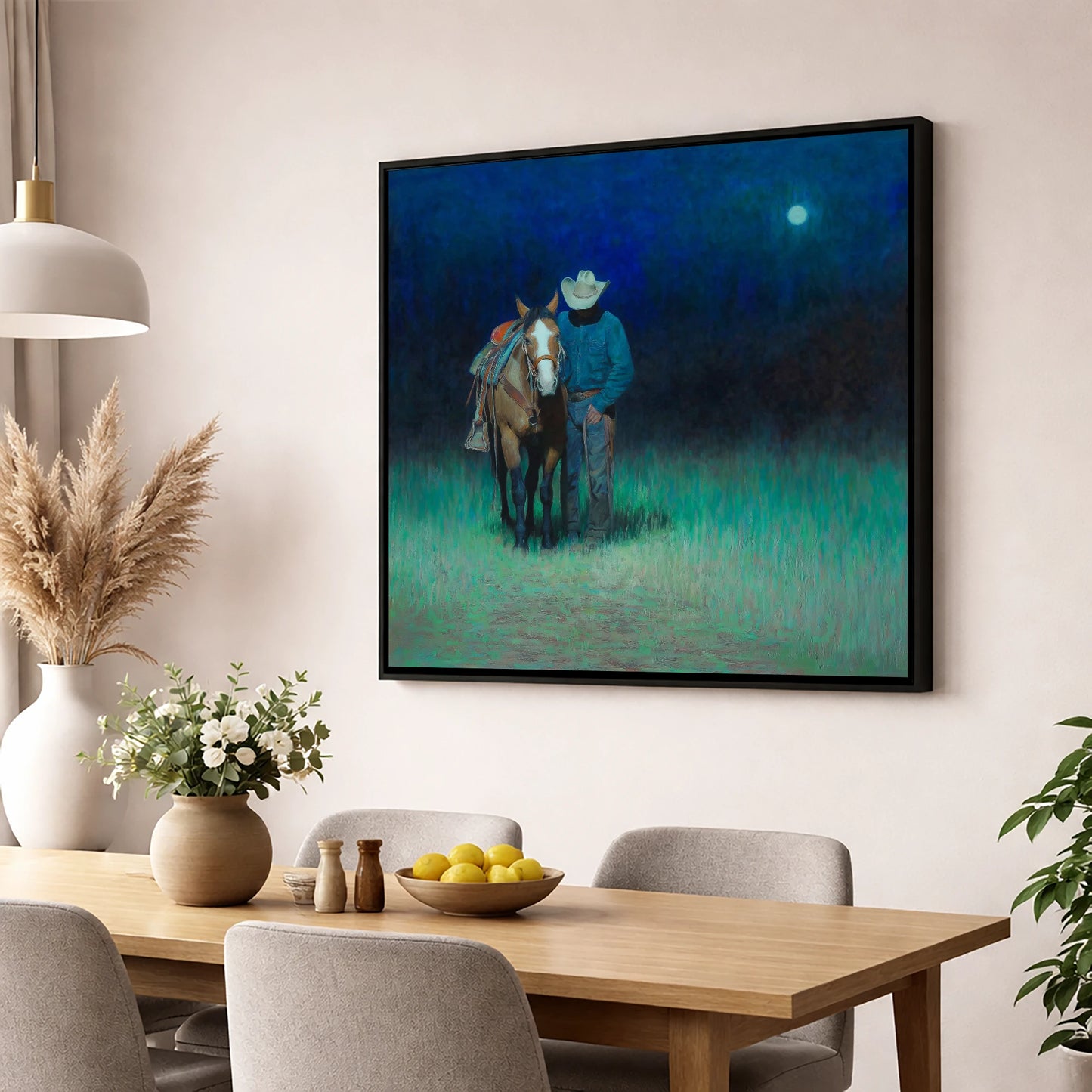 Under the Western Moon western horse wall art displayed in a dining room