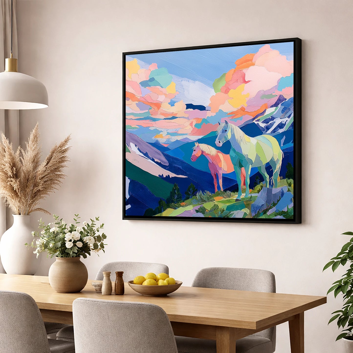 Technicolour Alpine Ridge horse landscape wall art displayed in a dining room