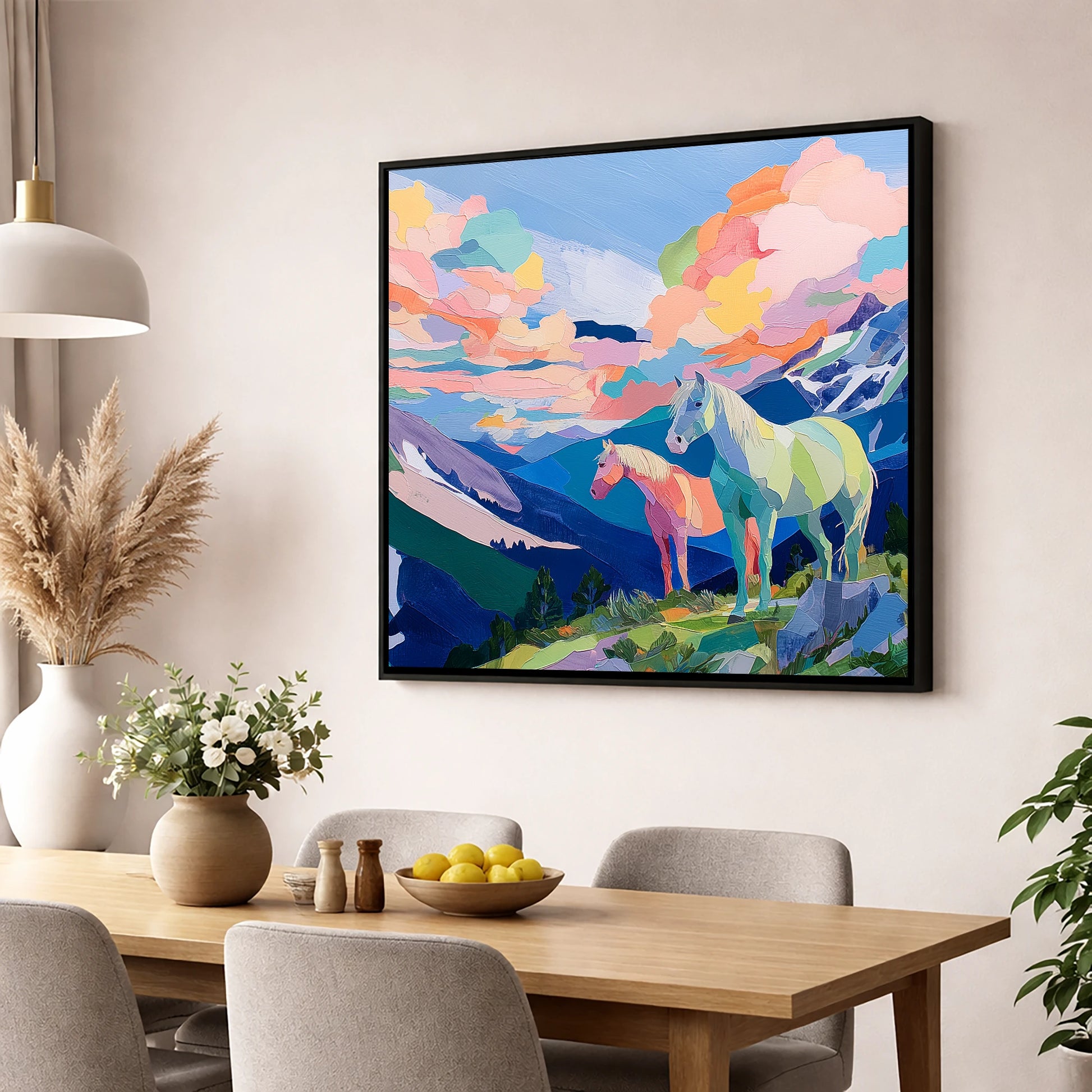 Technicolour Alpine Ridge horse landscape wall art displayed in a dining room