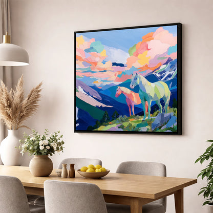 Technicolour Alpine Ridge horse landscape wall art displayed in a dining room